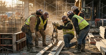 Construction crew gathered on an active job site for hands-on safety training with harness demonstration