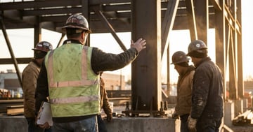 Construction site foreman leading safety discussion with crew during golden hour, demonstrating visible safety leadership