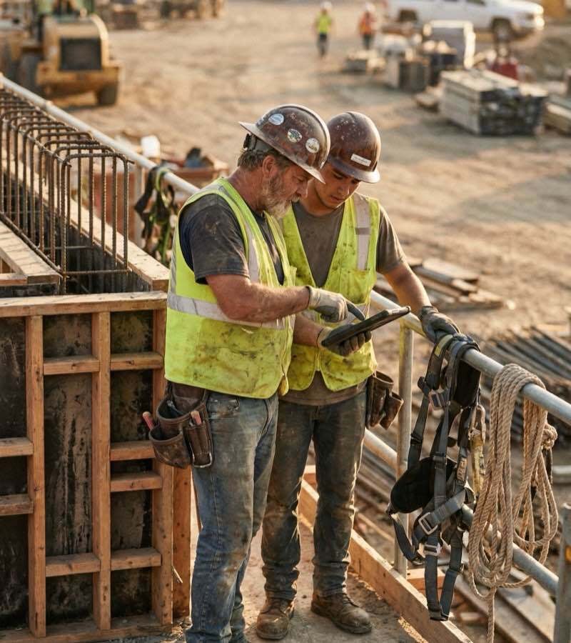 Experienced construction worker mentoring a newer team member on safety procedures on an active construction site