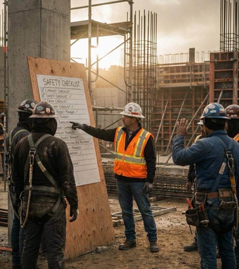 Construction site safety meeting with project manager leading a morning huddle, engaging crew in safety discussion before work begins