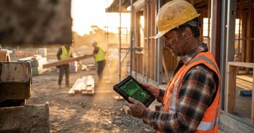 Small business contractor reviewing safety inspection data on a tablet at a construction job site during golden hour