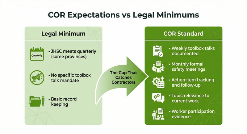 Comparison of COR audit expectations versus legal minimums for safety meeting frequency in Canada, showing the gap that catches contractors