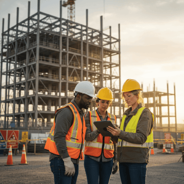 Construction safety officer in hi-vis PPE reviewing safety plans on a tablet with two workers on a commercial jobsite.