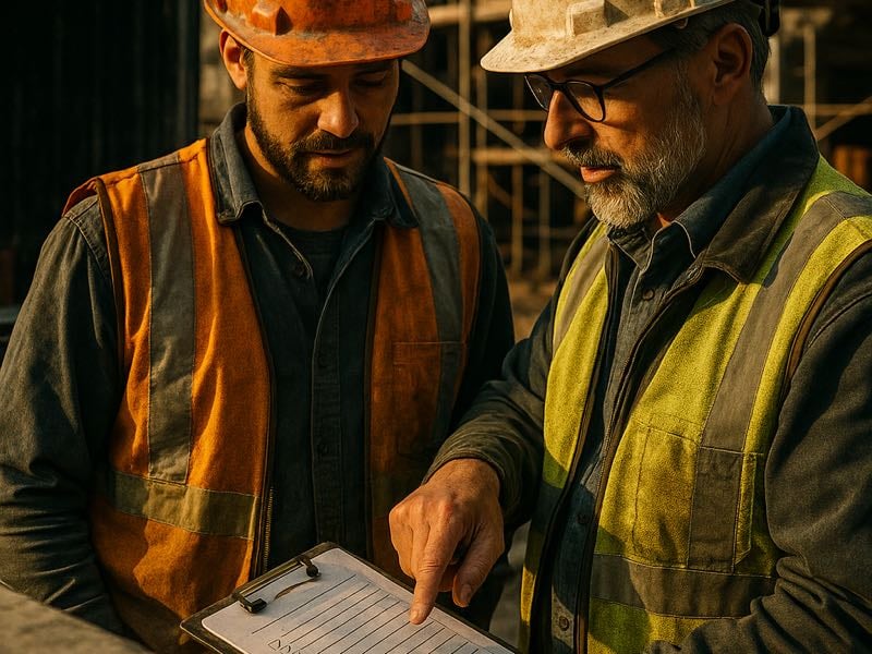 Worker and supervisor reviewing a completed safety orientation checklist together at a construction site
