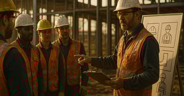 Construction foreman delivering a safety orientation to a group of workers at a construction site with steel framing and safety diagrams