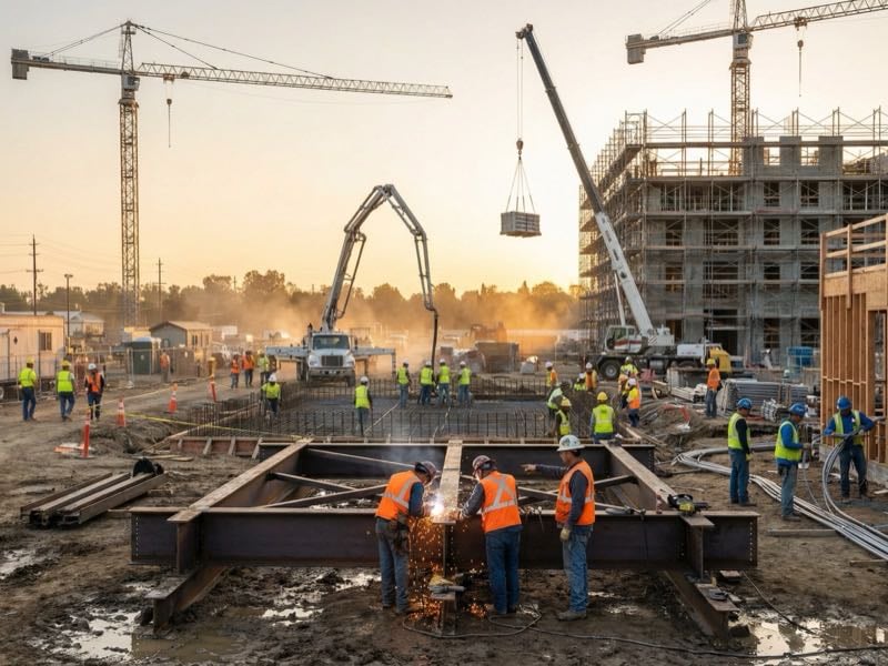 Wide shot of a large construction site with multiple trades and cranes working simultaneously, showing the complexity of multi-employer safety coordination