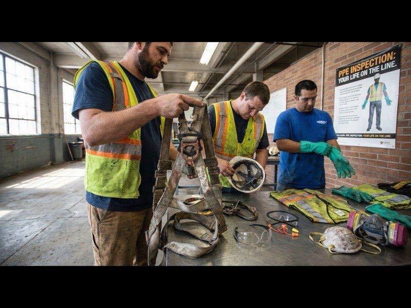 Workers doing a hands-on PPE inspection during a safety orientation session