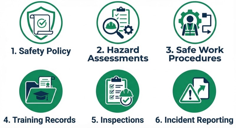 Infographic showing 6 essential elements of a minimum safety program for small contractors