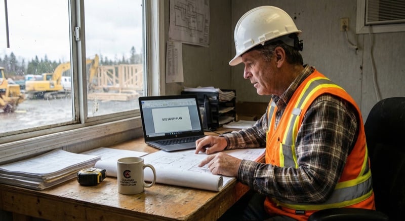 Small contractor owner-operator reviewing safety documents in a site trailer office