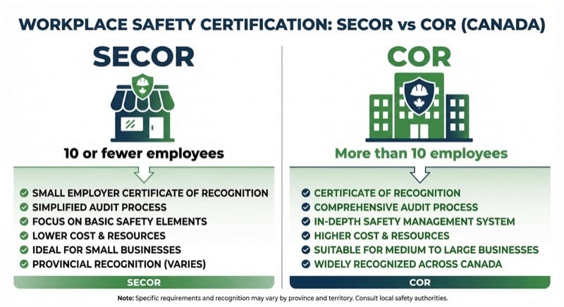 Comparison infographic showing SECOR for 10 or fewer employees versus COR for larger companies
