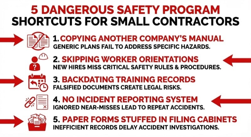 Infographic showing 5 dangerous shortcuts small contractors take with safety programs
