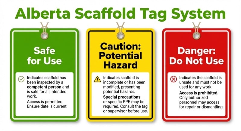 Alberta scaffold tag system showing green, yellow, and red tags for safety compliance