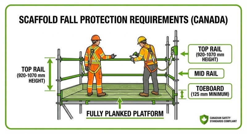 Technical diagram showing scaffold fall protection requirements in Canada including top rail, mid rail, and toeboard