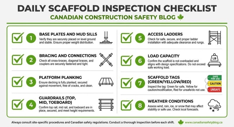 Daily scaffold inspection checklist infographic with 8 inspection items for Canadian construction sites