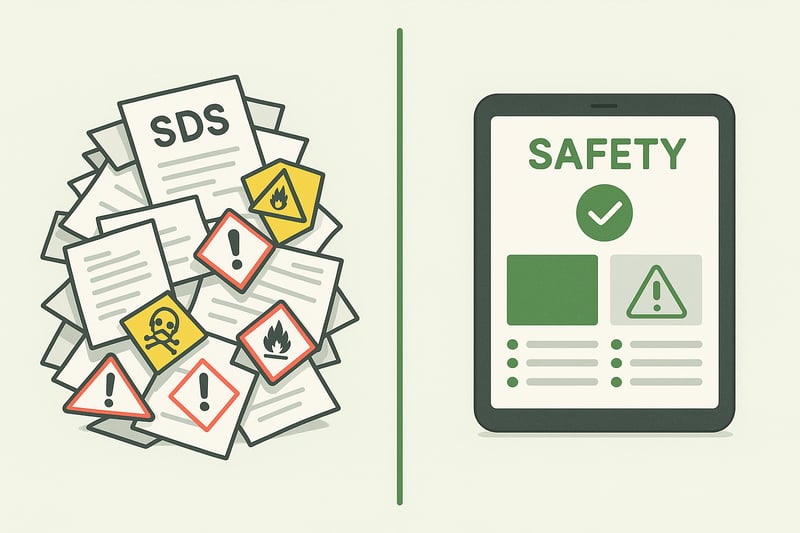 Conceptual graphic comparing messy, outdated paper SDS records with a clean, modern digital safety dashboard