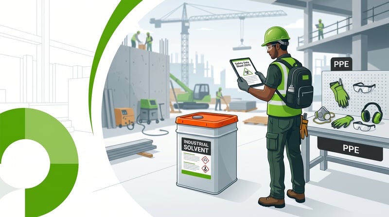 Worker accessing an SDS on a mobile device to determine PPE next to an industrial container