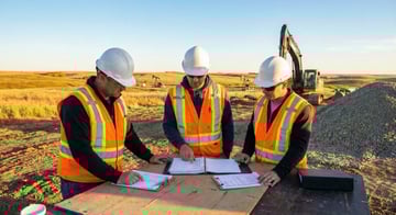 Construction crew reviewing safety documents on Alberta construction site