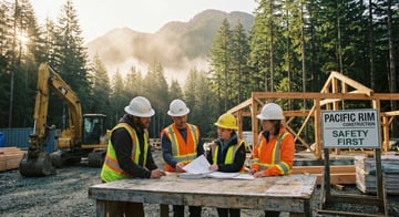 Construction crew reviewing safety binder on British Columbia construction site with mountains