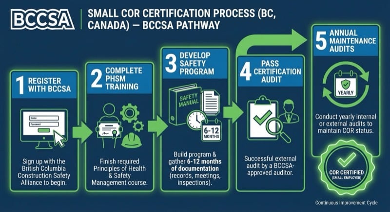 Steps to Small COR certification in BC through BCCSA infographic