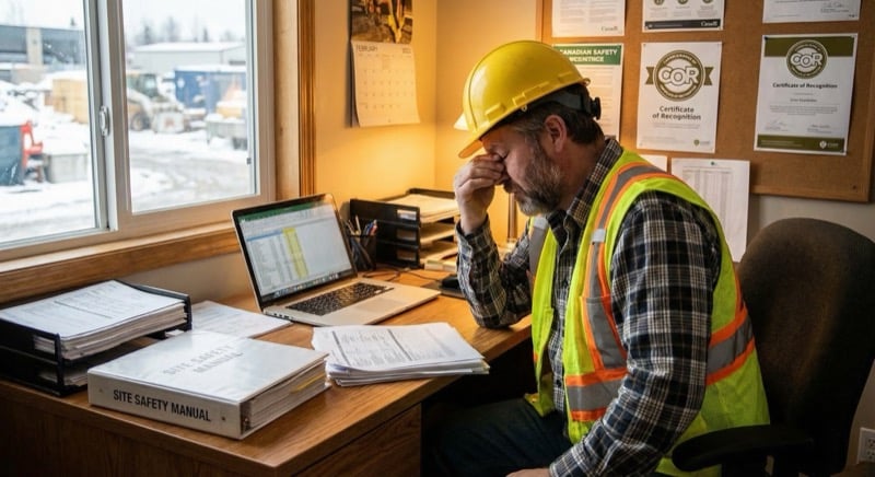Contractor reviewing safety program documentation in office