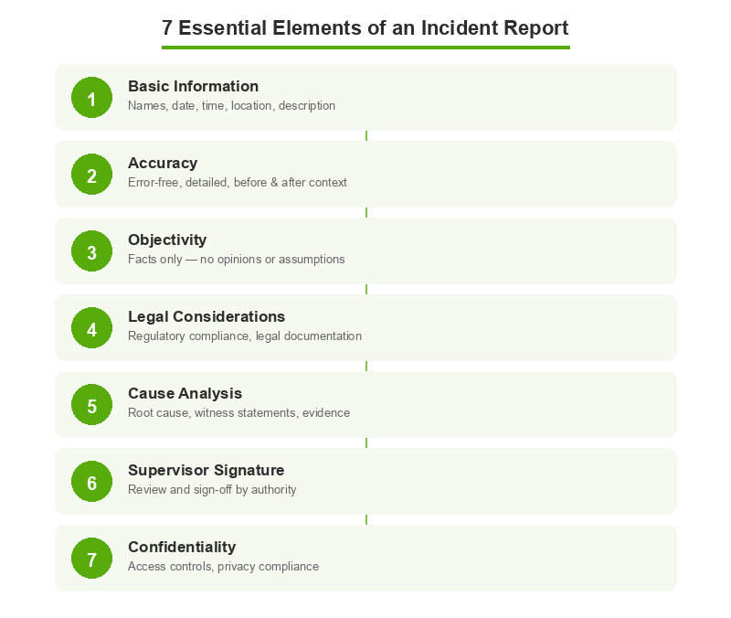 7 essential elements of an incident report diagram: basic information, accuracy, objectivity, legal considerations, cause analysis, supervisor signature, and confidentiality
