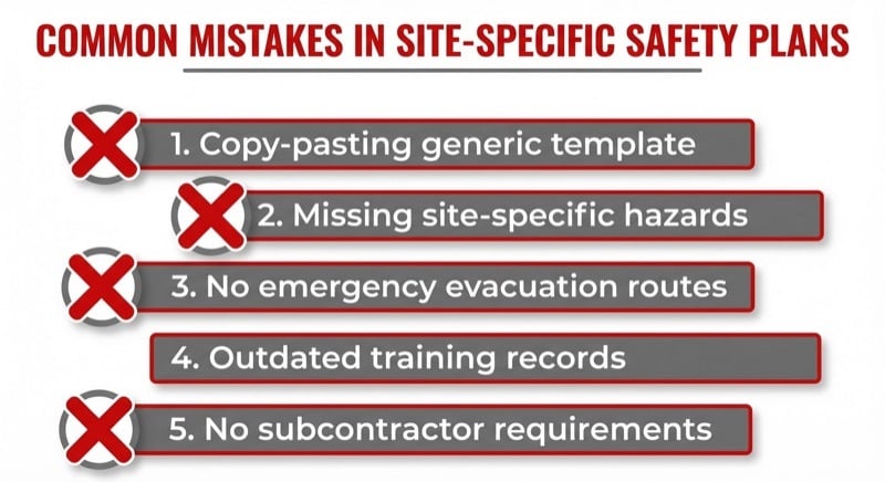 Infographic showing 5 common mistakes contractors make in site-specific safety plans