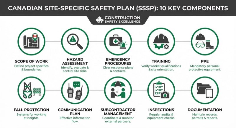 Infographic showing the 10 key components of a site-specific safety plan for construction