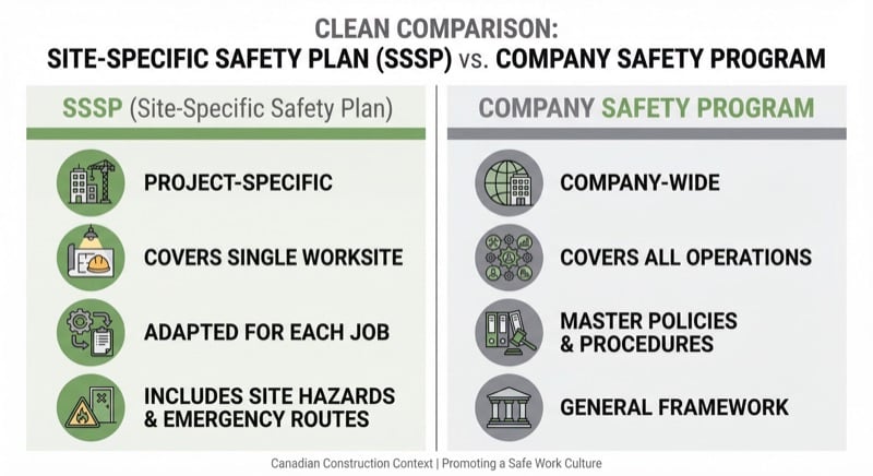 Comparison chart showing the difference between a site-specific safety plan and a company safety program