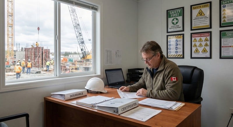Safety manager reviewing subcontractor prequalification documents including COR certificates and insurance papers at a construction site office