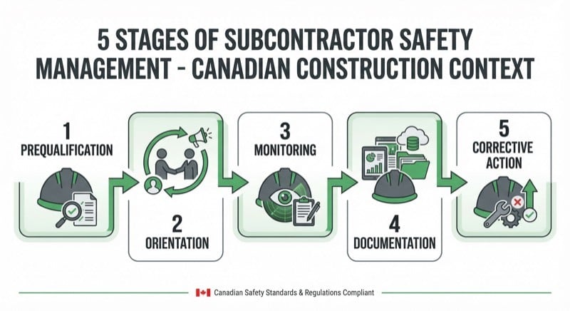 Five stages of subcontractor safety management: prequalification, orientation, monitoring, documentation, and corrective action