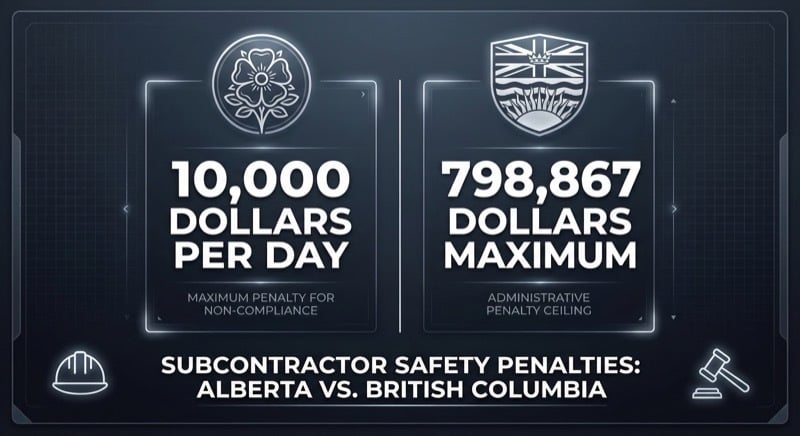 Comparison of subcontractor safety penalties in Alberta versus BC: Alberta up to $10,000 per day, BC up to $798,867 maximum