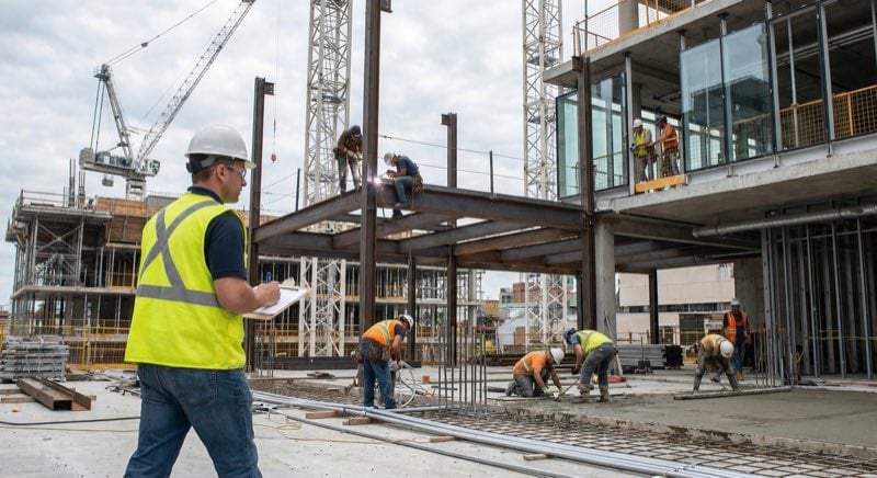 Construction supervisor conducting a safety inspection and monitoring subcontractor work areas on a commercial building site