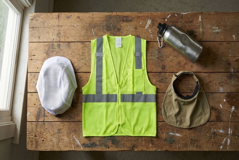 Flat lay of heat-smart PPE items including cooling hard hat liner, mesh hi-vis vest, moisture-wicking shirt, and hard hat neck shade