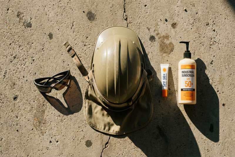Flat lay of UV protection gear for construction workers including hard hat with neck shade, safety sunglasses, SPF lip balm, and sunscreen