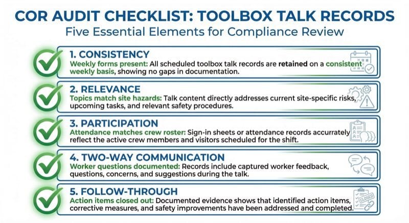 Five elements COR auditors check in toolbox talk records: consistency, relevance, participation, two-way communication, and follow-through