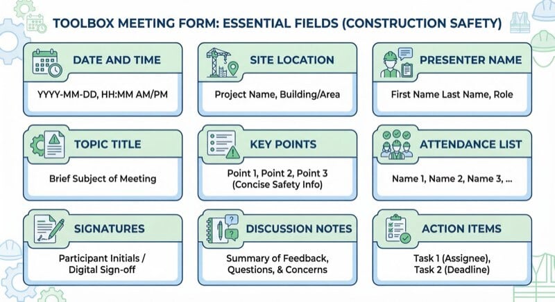 Essential fields every toolbox meeting form should include: date, time, location, topic, presenter, attendees, signatures, discussion notes, and action items