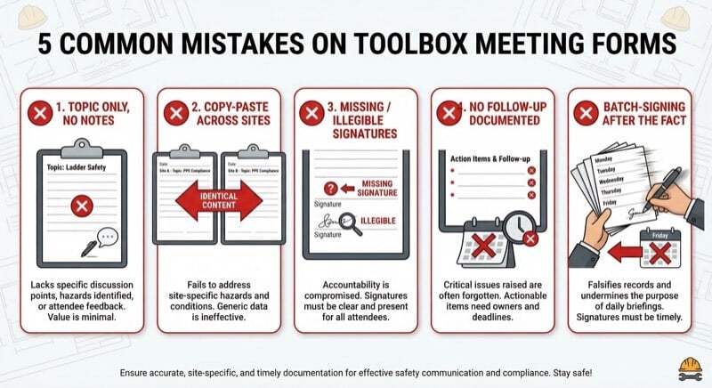 Five common toolbox meeting form mistakes: topic only, copy-paste across sites, missing signatures, no follow-up documented, batch-signing after the fact