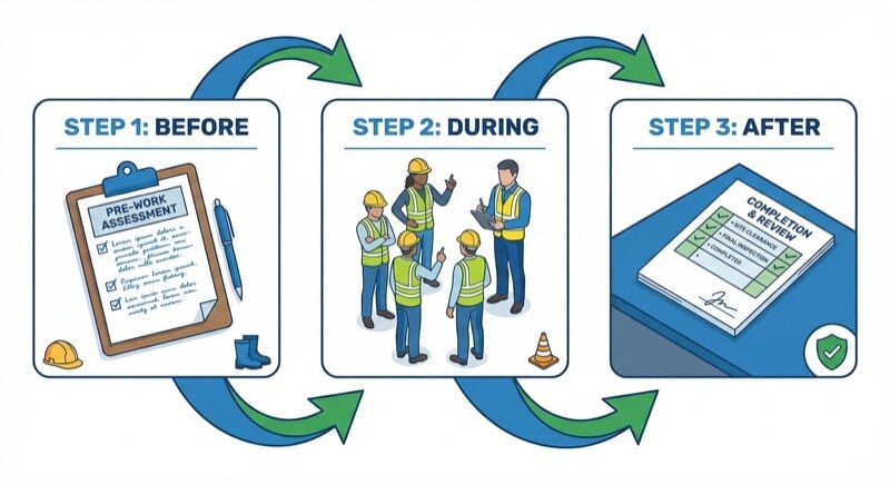 Step-by-step process for completing a toolbox meeting form: prepare before, document during, follow up after