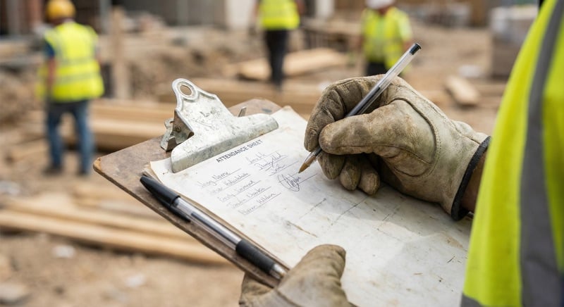 Worker signing a toolbox talk attendance sheet on a clipboard at a construction site