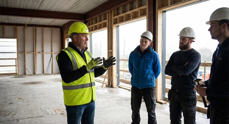 Construction foreman leading an interactive toolbox talk with engaged crew members on a jobsite