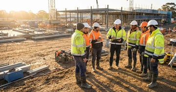 Construction workers gathered for a morning toolbox talk safety briefing on an active construction site