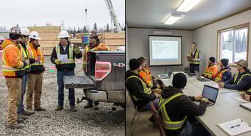 Split image comparing an informal toolbox talk at a job site with a formal safety meeting at a conference table