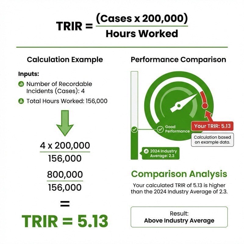 TRIR calculation example showing formula: (4 incidents x 200,000) / 156,000 hours = TRIR of 5.13 compared to 2024 industry average of 2.3