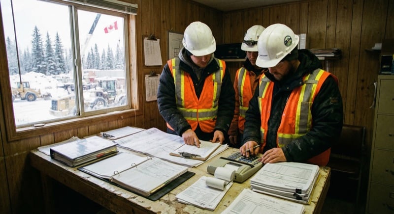 Construction crew reviewing safety documentation and financial records in a job site trailer