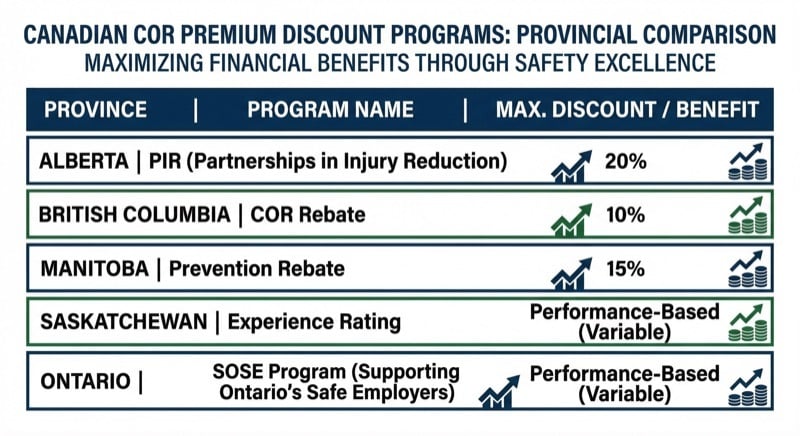 Side-by-side comparison of COR premium discount programs across Canadian provinces showing Alberta PIR, BC COR Rebate, Manitoba Prevention Rebate, and more