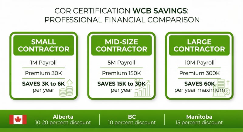 ROI calculation infographic showing COR certification savings at different payroll levels for Canadian contractors