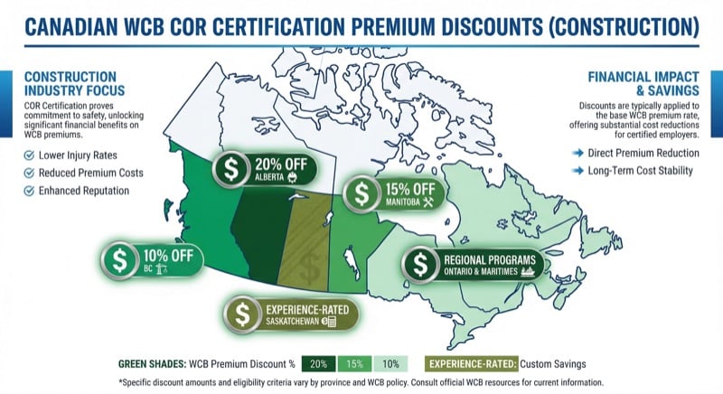 Map of Canadian provinces showing COR-related WCB premium discount programs by province