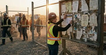 Safety coordinator posting WHMIS information on a construction site bulletin board