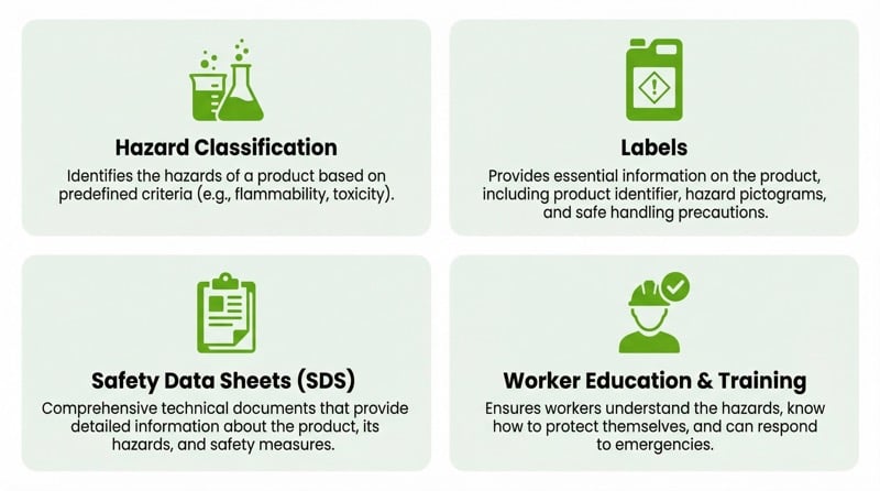The four parts of WHMIS: Hazard Classification, Labels, Safety Data Sheets, and Worker Education and Training