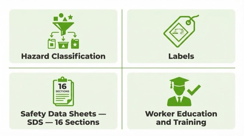 The four parts of WHMIS: Hazard Classification, Labels, Safety Data Sheets, and Worker Education and Training